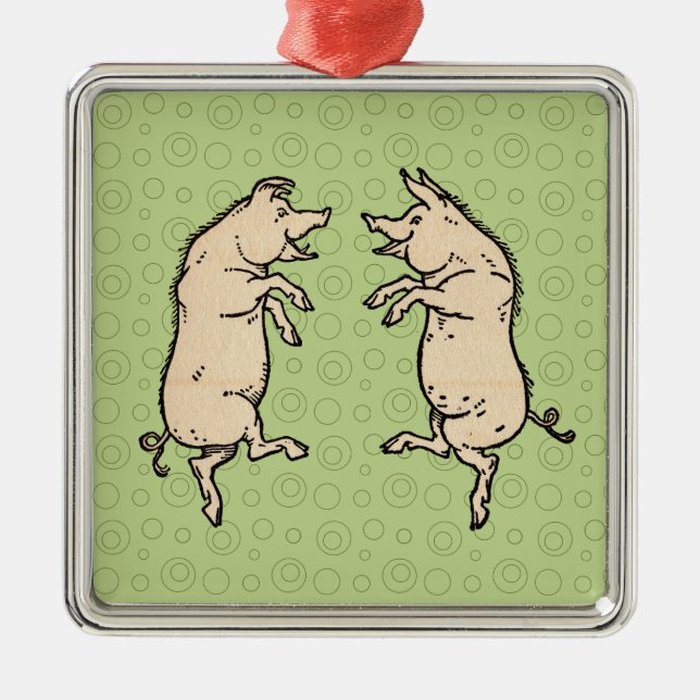 Antique Dancing Pigs: Whimsical Vintage Piggy Jig  Metal Tree Decoration (Front)