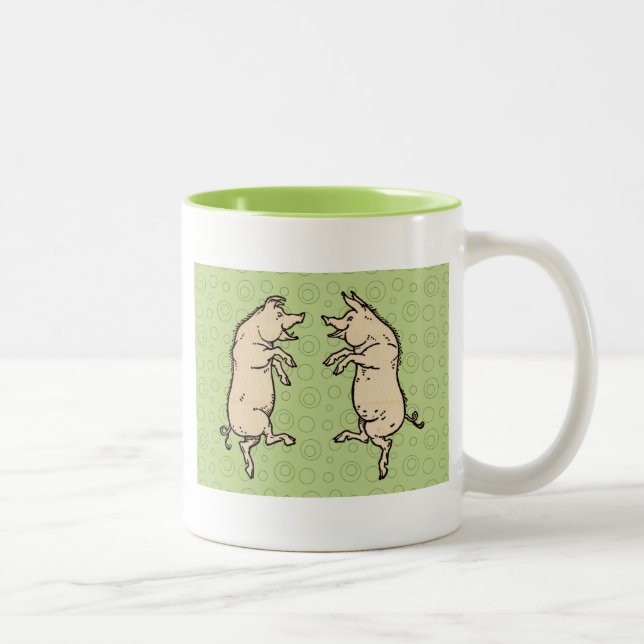 Antique Dancing Pigs: Whimsical Vintage Piggy Jig  Two-Tone Coffee Mug (Right)