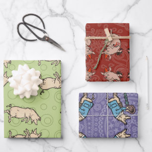 Antique Dancing Pigs: Whimsical Vintage Piggy Jig  Wrapping Paper Sheet
