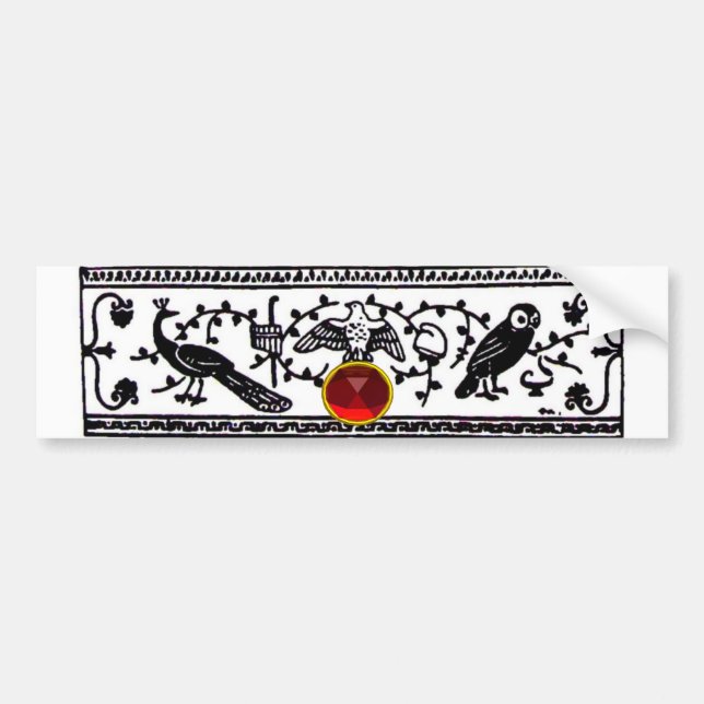 ANTIQUE DECOR,BLACK WHITE ANIMALS,BIRDS RED RUBY, BUMPER STICKER (Front)