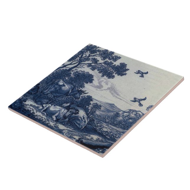 Antique Delft Blue Tile - Cattle and Birds (Side)