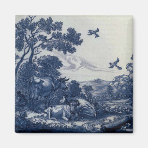 Antique Delft Blue Tile - Cattle and Birds Button Magnet