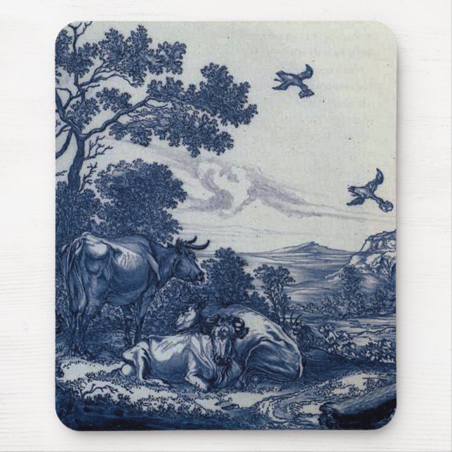 Antique Delft Blue Tile - Cattle and Birds Mouse Mat (Front)
