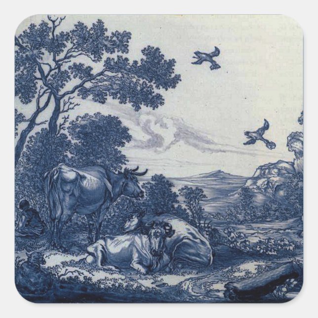 Antique Delft Blue Tile - Cattle and Birds Square Sticker (Front)
