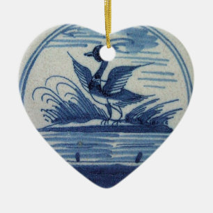 Antique Delft Blue Tile - Duck in the Water Ceramic Tree Decoration