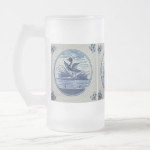 Antique Delft Blue Tile - Duck in the Water Frosted Glass Beer Mug
