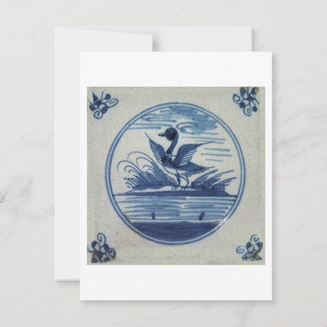 Antique Delft Blue Tile - Duck in the Water Invitation (Front)