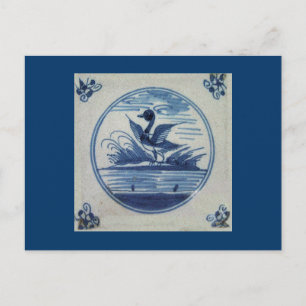 Antique Delft Blue Tile - Duck in the Water Postcard