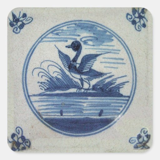Image of Antique Delft Blue Tile - Duck in the Water Square Sticker