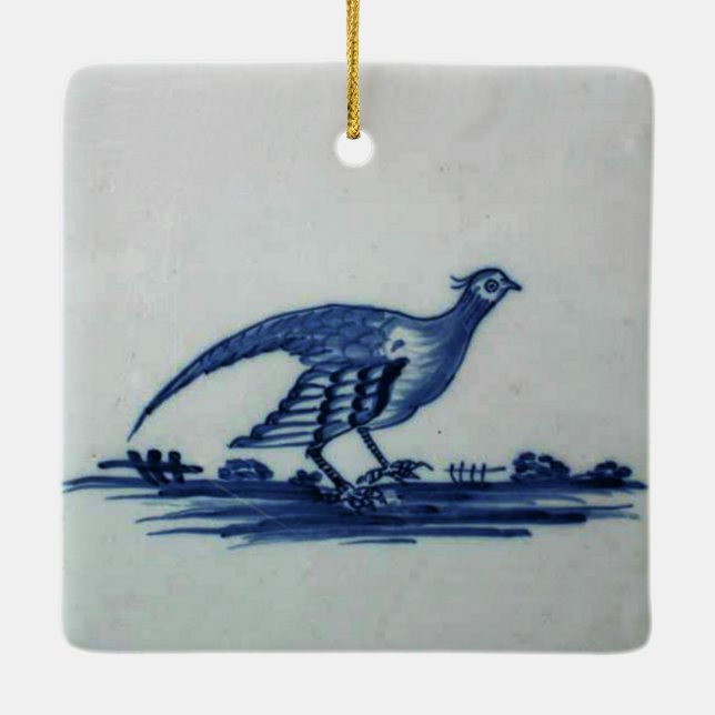 Antique Delft Blue Tile - Grouse in the Grass Ceramic Ornament (Back)