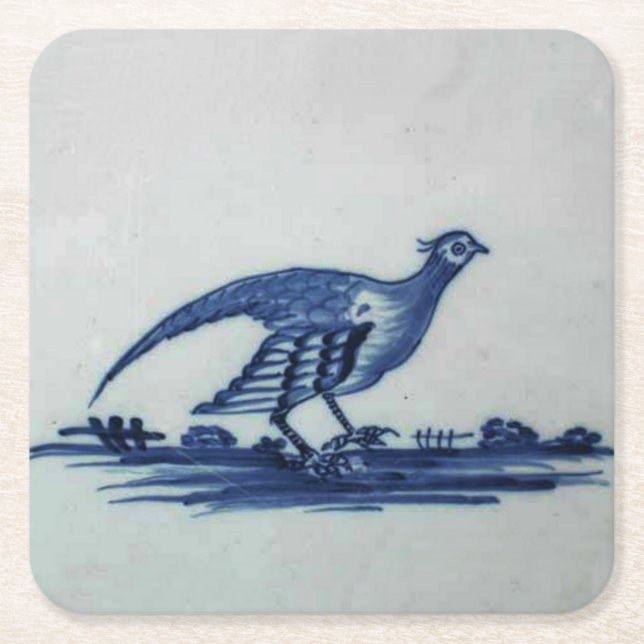 Antique Delft Blue Tile - Grouse in the Grass Square Paper Coaster (Front)