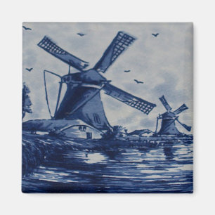 Antique Delft Blue Tile - Windmills by the Water B Magnet