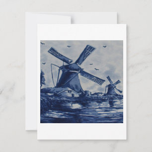 Antique Delft Blue Tile - Windmills by the Water Invitation