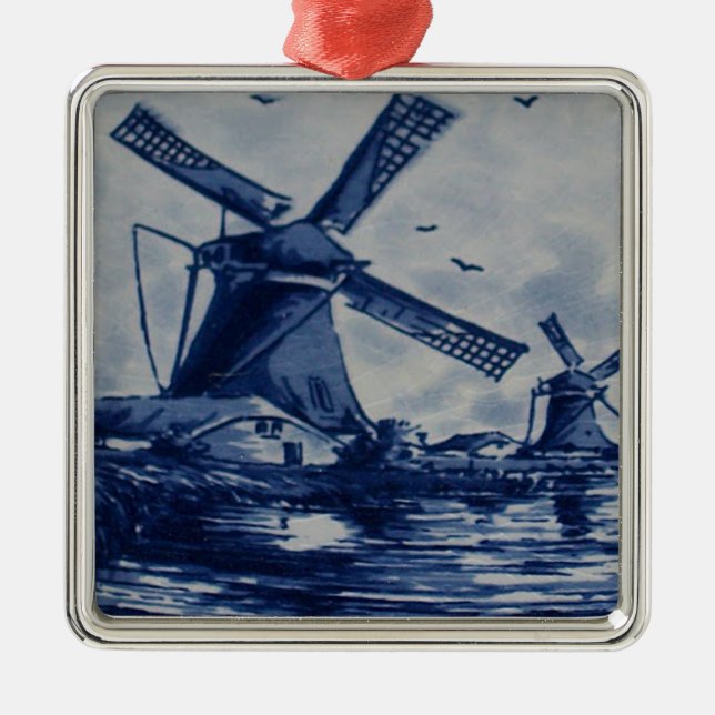 Antique Delft Blue Tile - Windmills by the Water Metal Tree Decoration (Front)