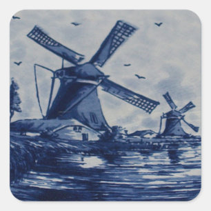 Antique Delft Blue Tile - Windmills by the Water Square Sticker