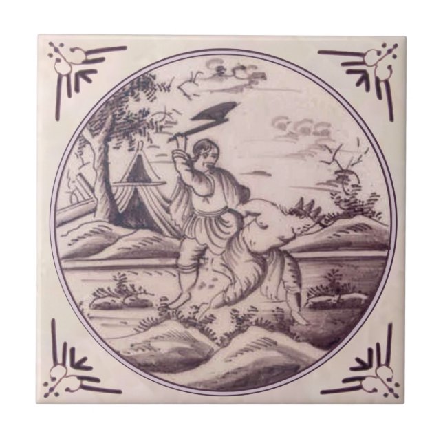 Antique Delft Manganese Biblical Cain Abel Repro Tile (Front)