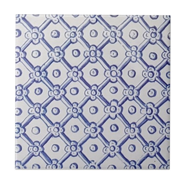 Antique Delft Tile-Blue and White Trellis Tile (Front)