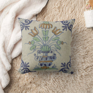 Antique Delft Tile Dutch Tulip Vase: Blue and Gold Cushion