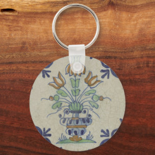 Antique Delft Tile Dutch Tulip Vase: Blue and Gold Key Ring