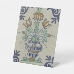 Antique Delft Tile Dutch Tulip Vase: Blue and Gold Pedestal Sign