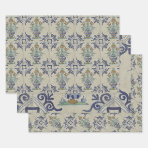 Antique Delft Tile Dutch Tulip Vase: Blue and Gold Wrapping Paper Sheet