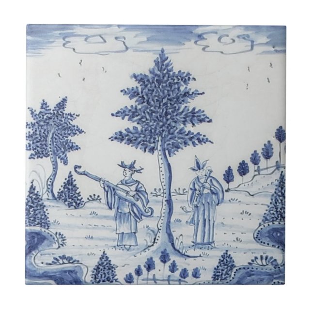 Antique Delft Tile-Pastoral Scene-Blue & White-15 Tile (Front)
