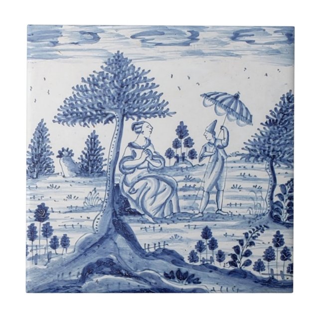Antique Delft Tile-Pastoral Scene-Blue & White-1 Tile (Front)