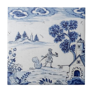 Antique Delft Tile-Pastoral Scene-Blue & White-2 Tile