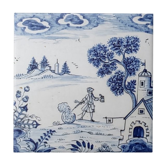 Antique Delft Tile-Pastoral Scene-Blue & White-2 Tile (Front)