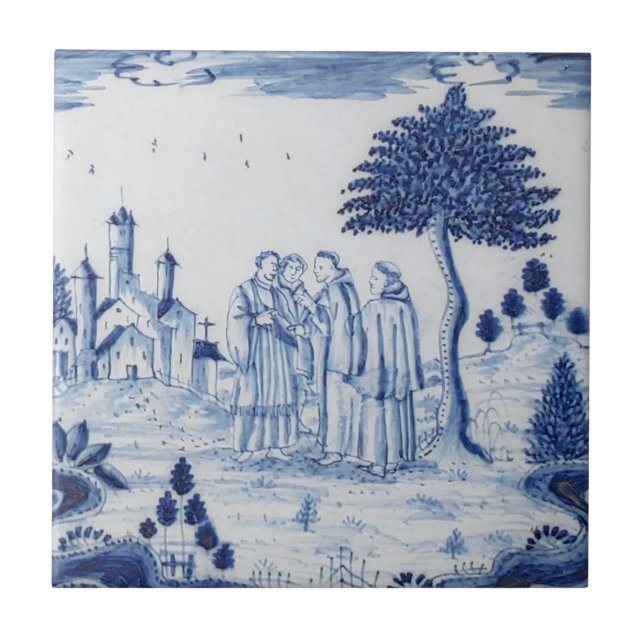 Antique Delft Tile-Pastoral Scene-Blue & White-3 Tile (Front)