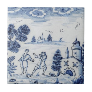 Antique Delft Tile-Pastoral Scene-Blue & White-4 Tile