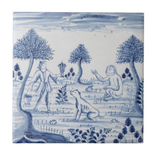 Antique Delft Tile-Pastoral Scene-Blue & White-5 Tile