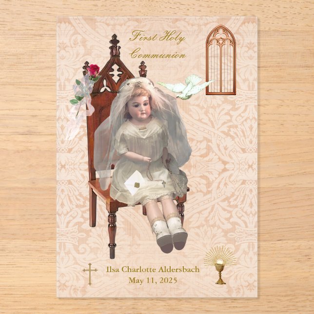 Antique Doll First Communion Acrylic Keepsake Invitations (Front)