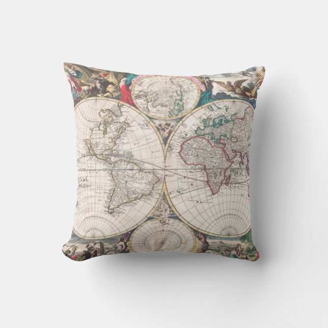 Antique Double-Hemisphere World Map Cushion (Front)