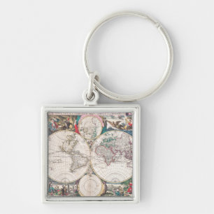 Antique Double-Hemisphere World Map Key Ring