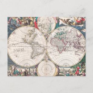 Antique Double-Hemisphere World Map Postcard