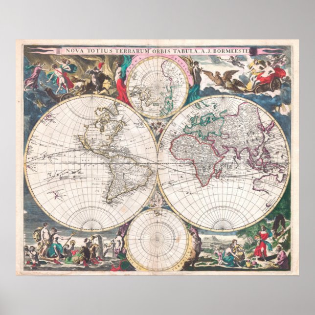 Antique Double-Hemisphere World Map Poster (Front)