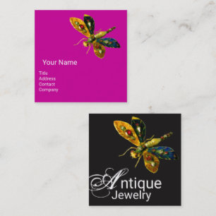 ANTIQUE DRAGONFLY JEWEL Monogram Fuchsia Black  Square Business Card