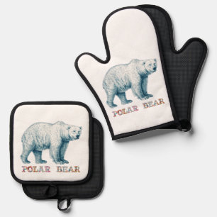 Antique drawing of Polar Bear Oven Mitt & Pot Holder Set