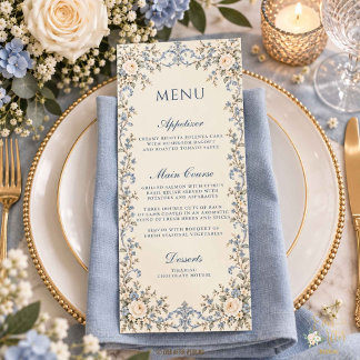 Antique Dusty Blue White Floral Toile Wedding Menu