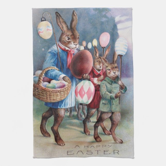 Antique Easter Bunny Parade Post Card Egg Lanterns Tea Towel (Vertical)