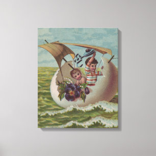 Antique Easter Card Sailing Egg Children Canvas Print