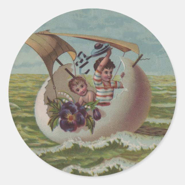 Antique Easter Card Sailing Egg Children Classic Round Sticker (Front)