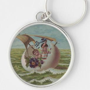 Antique Easter Card Sailing Egg Children Key Ring