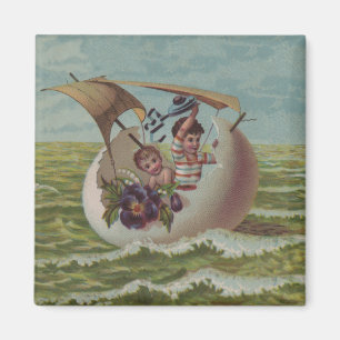 Antique Easter Card Sailing Egg Children Magnet