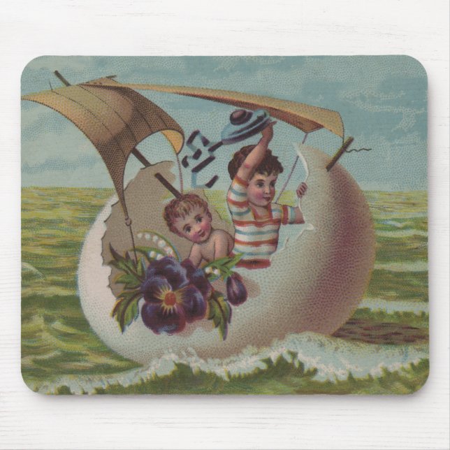 Antique Easter Card Sailing Egg Children Mouse Mat (Front)