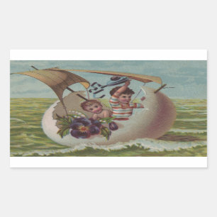 Antique Easter Card Sailing Egg Children Rectangular Sticker