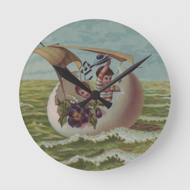 Antique Easter Card Sailing Egg Children Round Clock (Front)