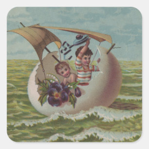 Antique Easter Card Sailing Egg Children Square Sticker