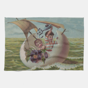 Antique Easter Card Sailing Egg Children Tea Towel